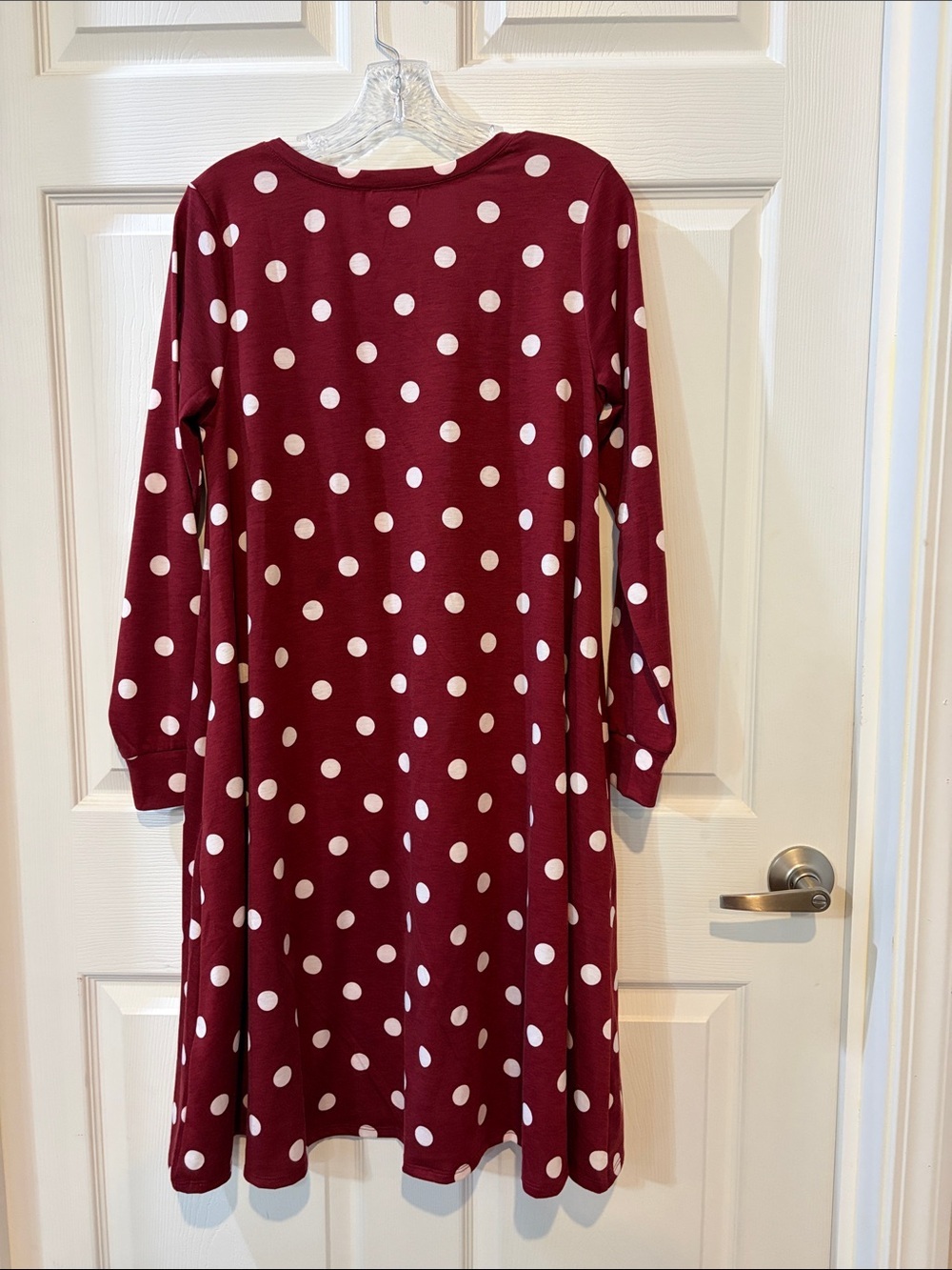 LuLaRoe Emily Style Burgundy with White Polka Dots V-Neck Swing Dress NWT - Picture 5 of 7